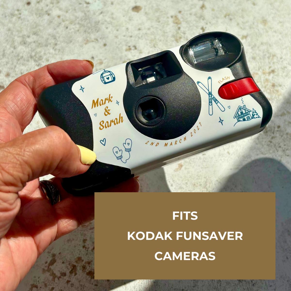 Personalised ski wedding camera wrap fits Kodak FunSaver cameras