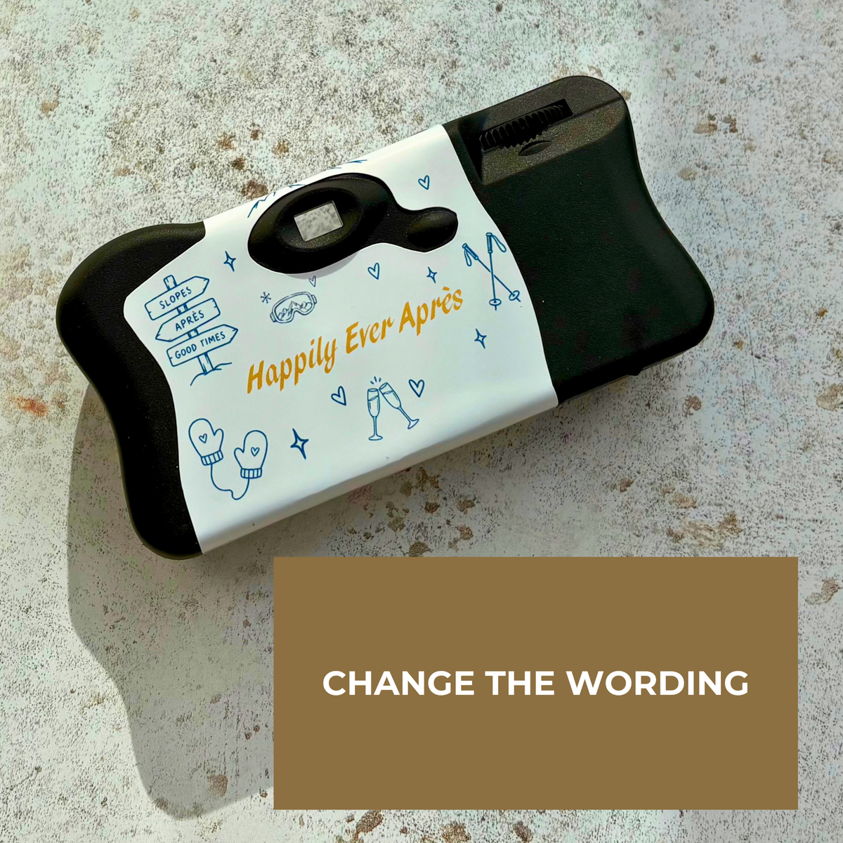 Happily Ever Après ski wedding camera wrap with custom wording