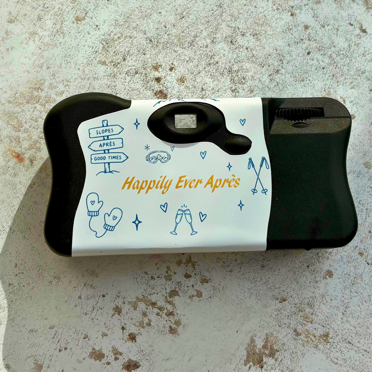 Happily Ever Après ski wedding camera wrap back design