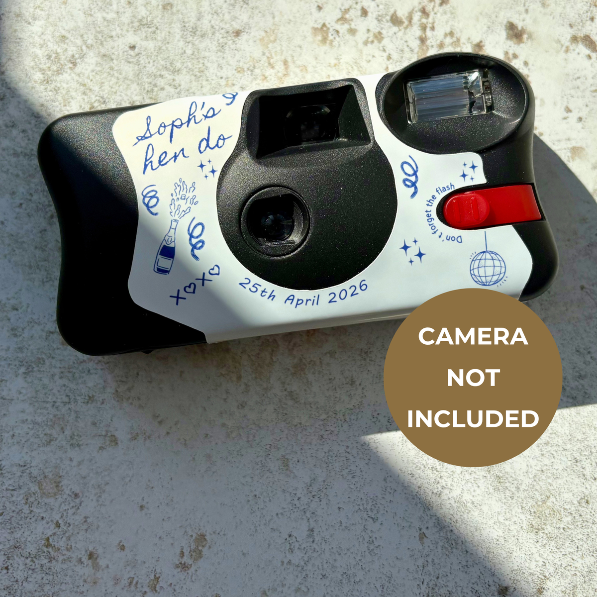 Product information confirming that the Kodak FunSaver camera is not included with the personalised hen party camera wrap