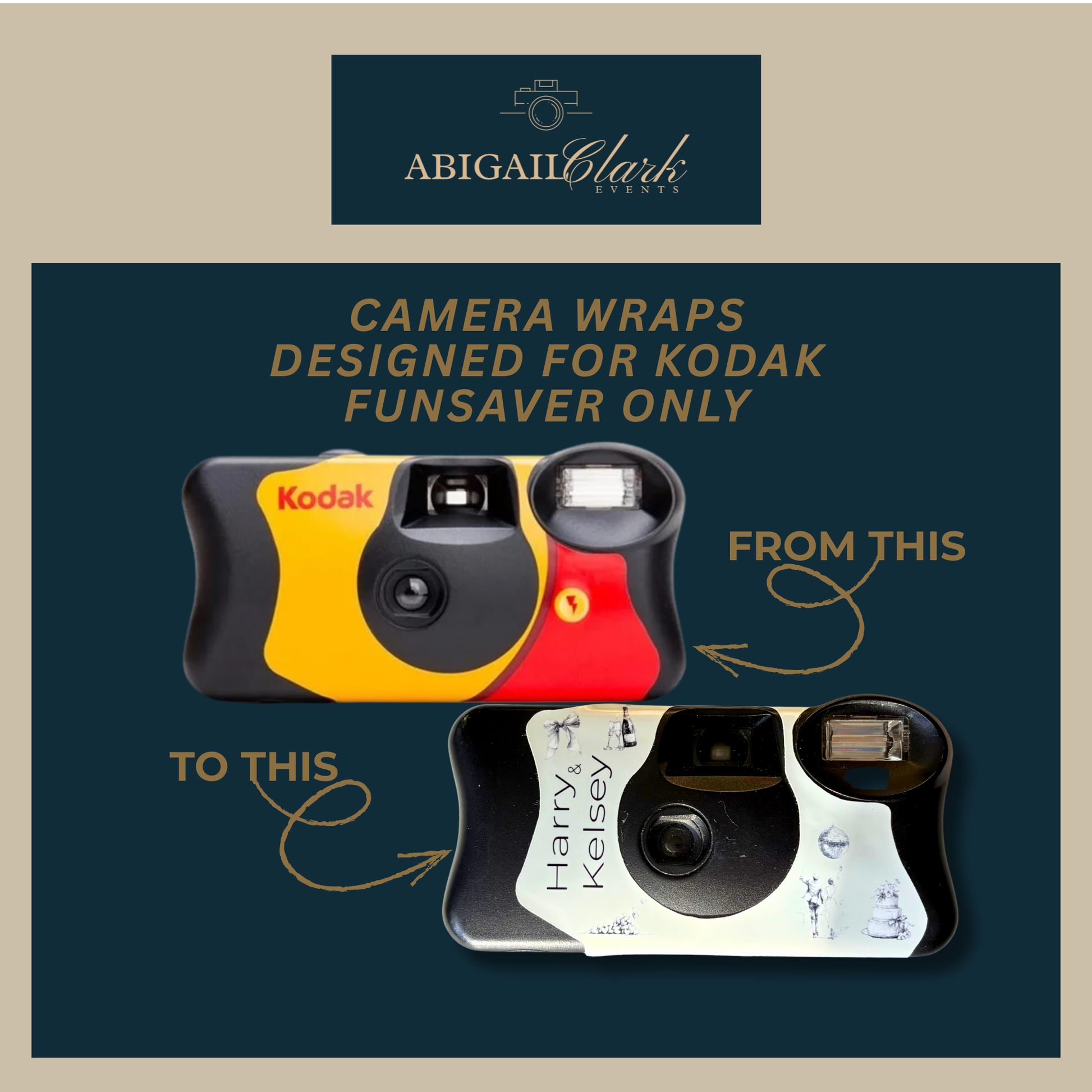 Before and after comparison showing a standard Kodak FunSaver camera and the same camera wrapped in a personalised bow themed wedding camera wrap.
