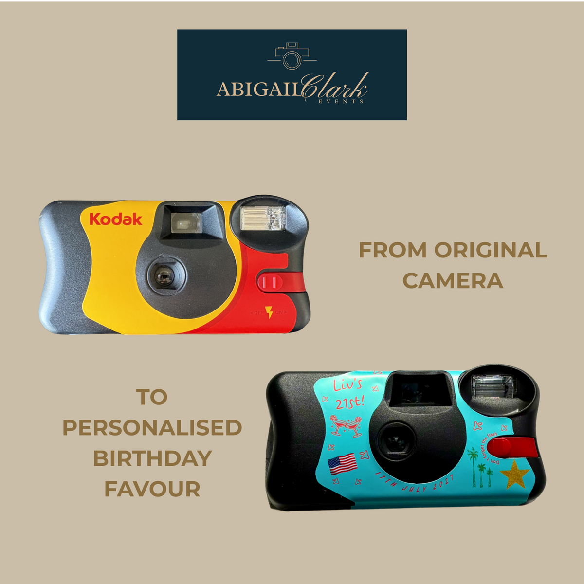 Kodak FunSaver before and after personalisation with LA Baby wrap