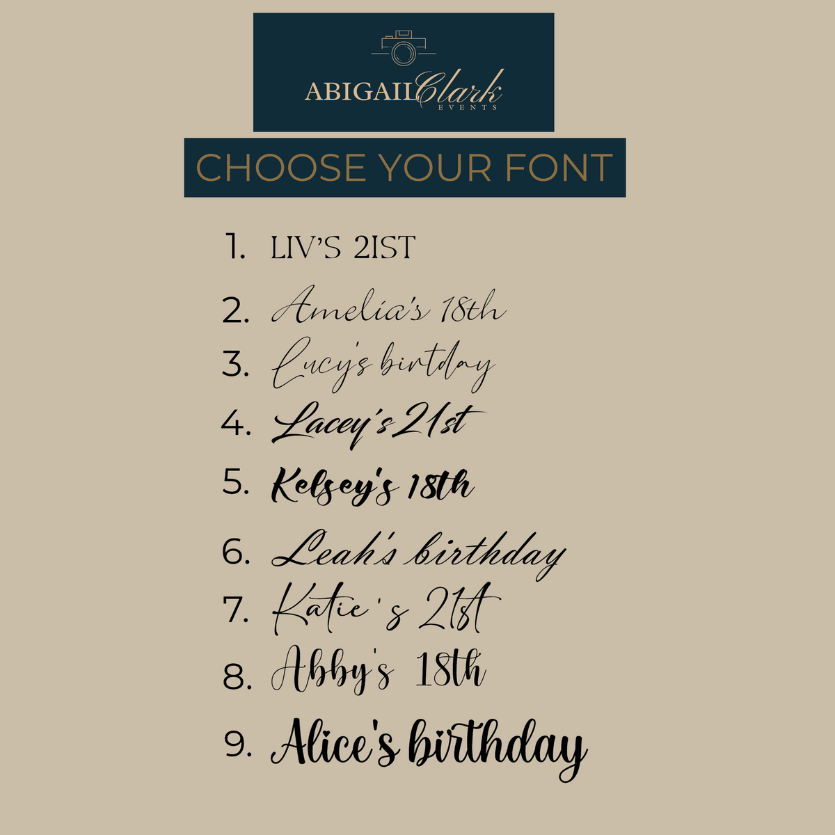 Available personalised lettering styles for LA Baby birthday camera wrap