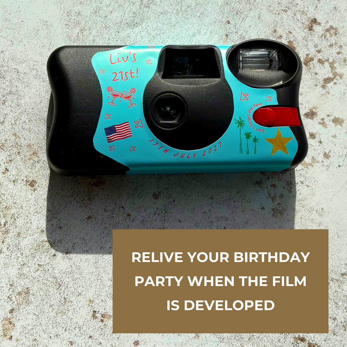 Front and back of Los Angeles birthday disposable camera wraps