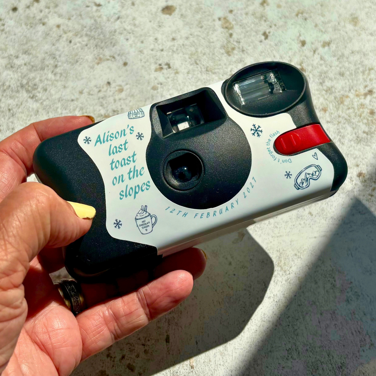 Front of Last Toast on the Slopes personalised Kodak FunSaver camera