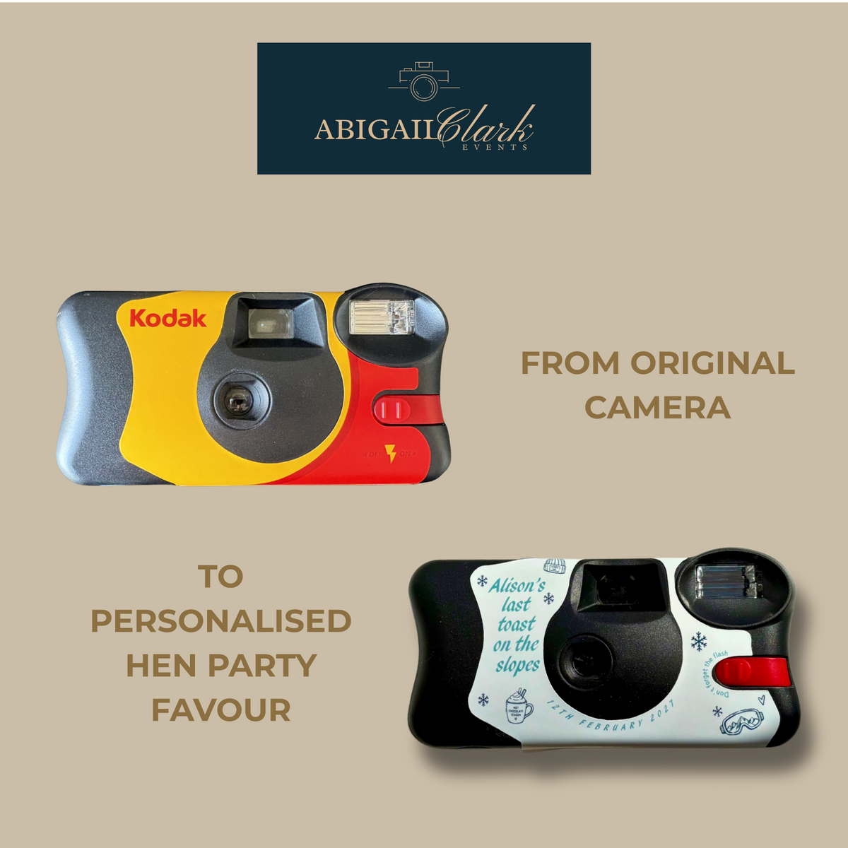 Original Kodak FunSaver and personalised ski hen party camera