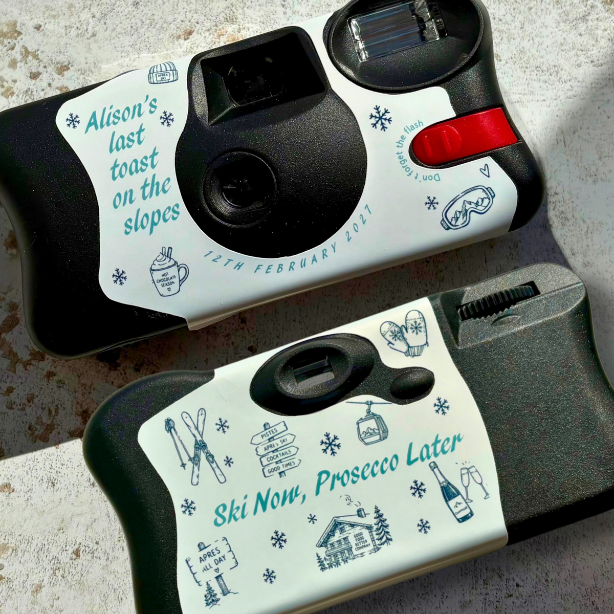Front and back of ski hen party disposable camera