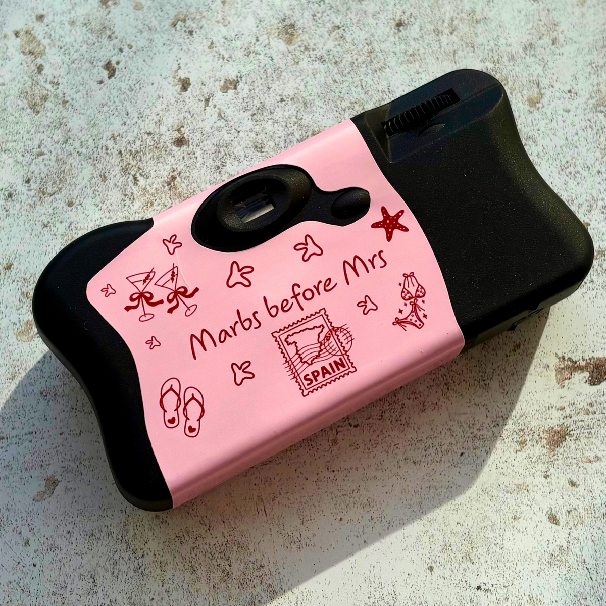 Camera included - personalised Marbella hen party disposable camera back