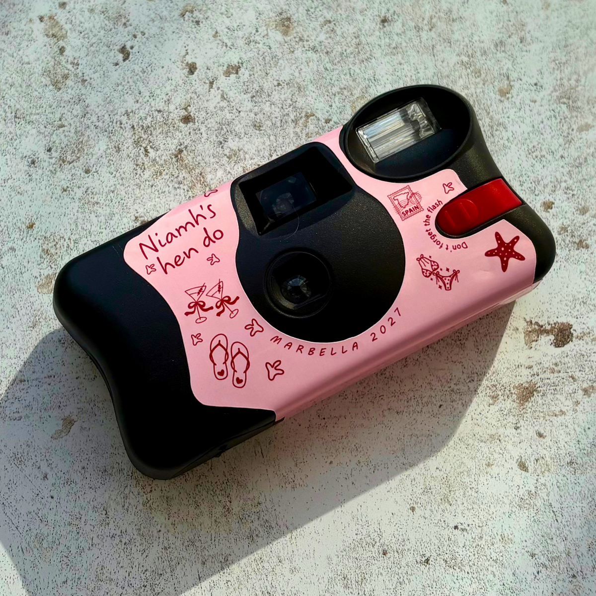 Camera included - personalised Marbella hen party disposable camera front