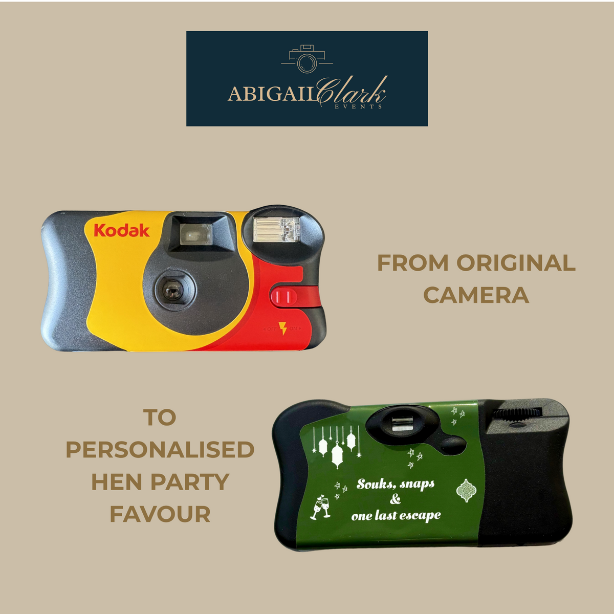 Original Kodak FunSaver compared with personalised Marrakech hen party wrap