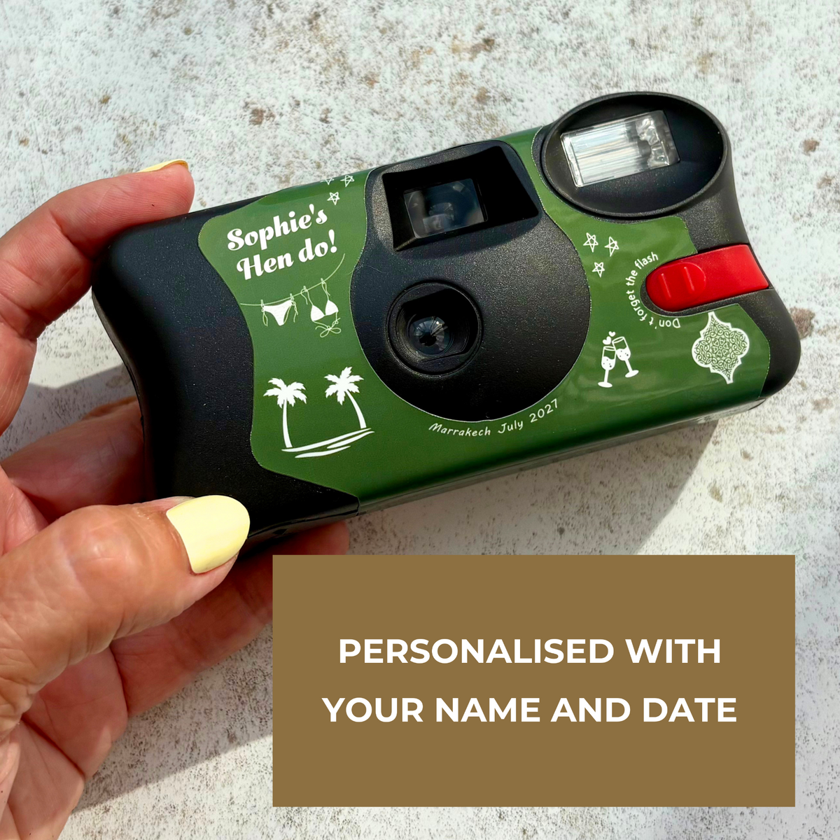 Marrakech hen camera wrap name and date personalisation