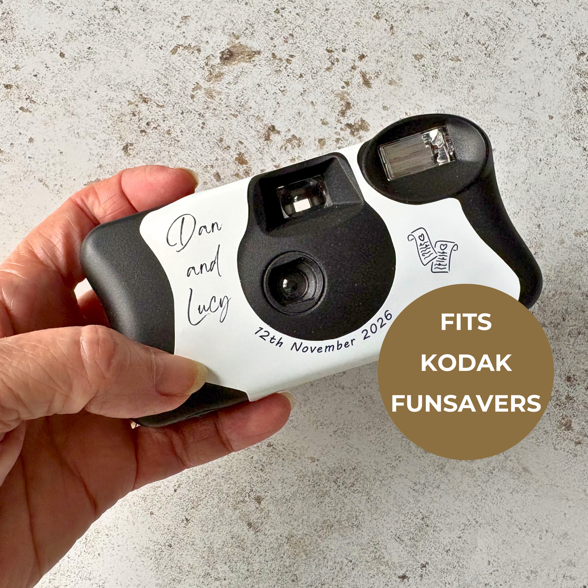 Personalised minimalist wedding camera wrap showing alternative wording options