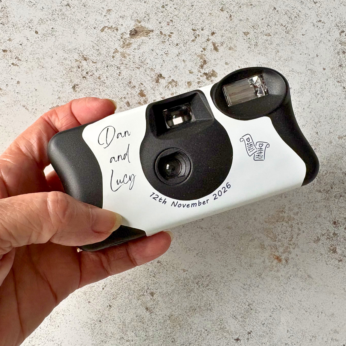 Kodak FunSaver disposable camera with personalised minimalist line art wedding wrap