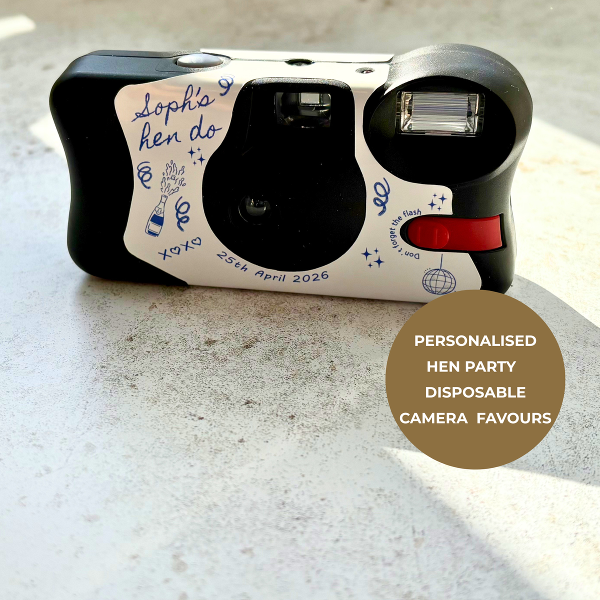 Front view of a personalised hen party disposable camera wrap