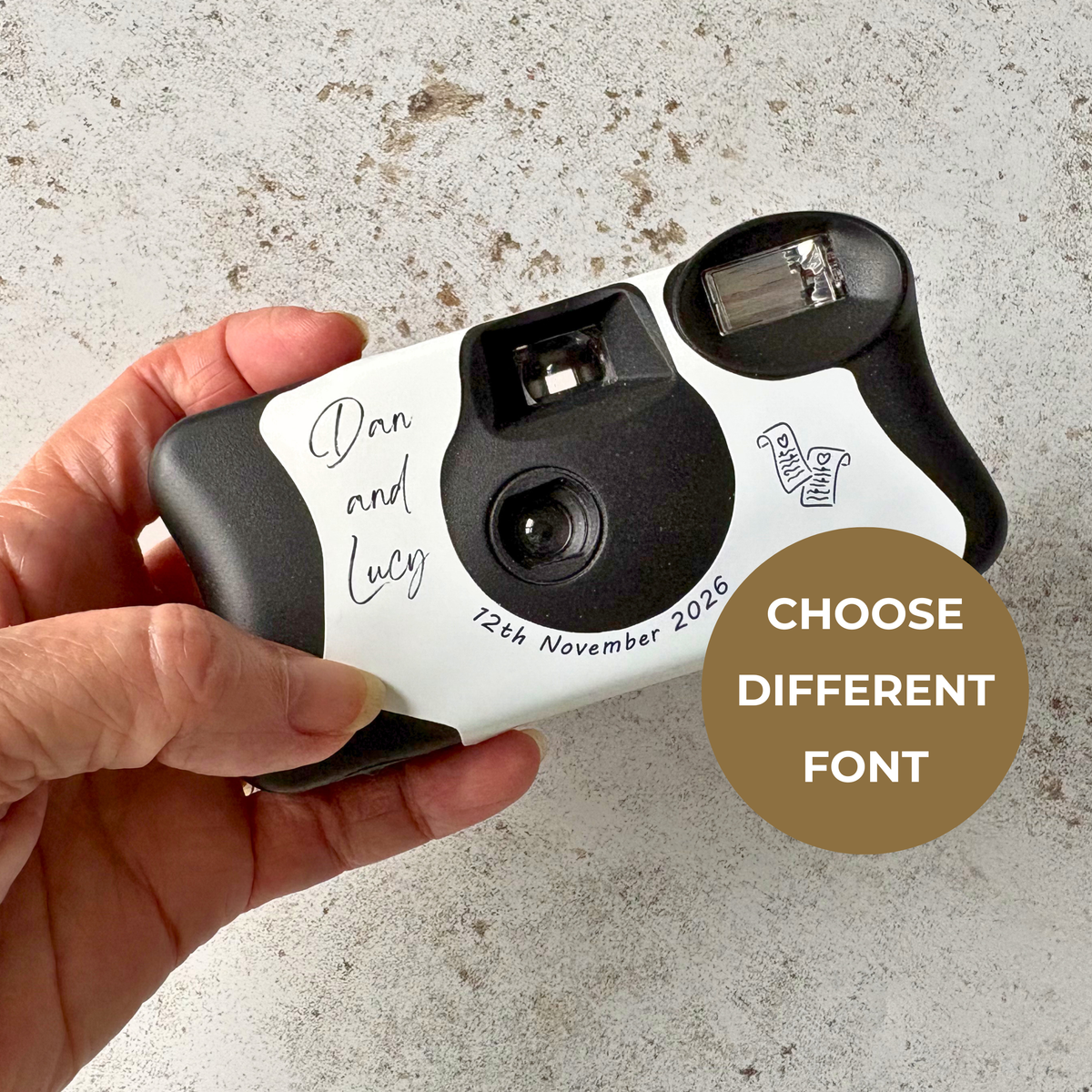 Front design of a personalised minimalist wedding camera wrap on a Kodak FunSaver