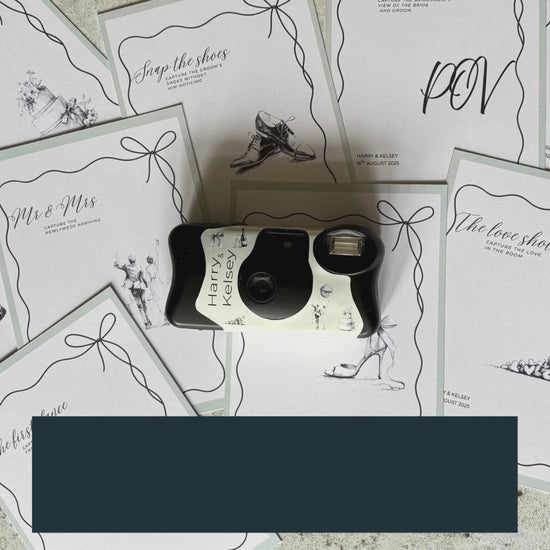 Preview of the editable bow wedding camera wrap and photo prompt card template customised in Canva.