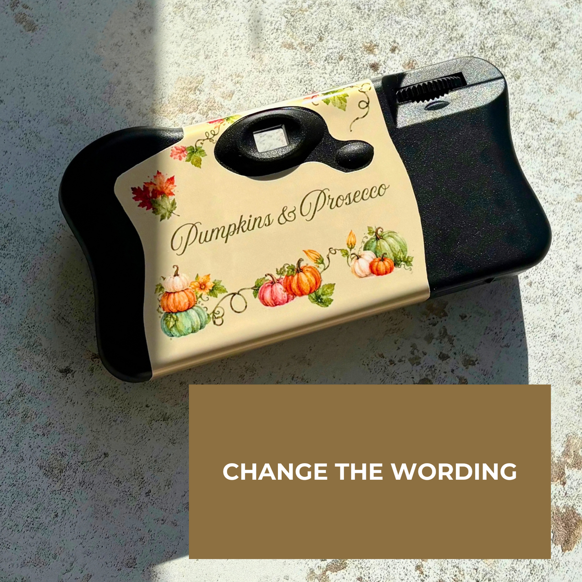 Pumpkins and Prosecco camera wrap personalisation example