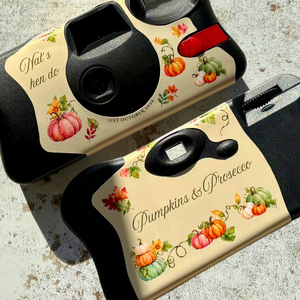 Front and back of personalised hen party camera