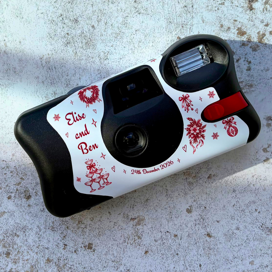 Personalised red Christmas disposable camera wrap with names and date