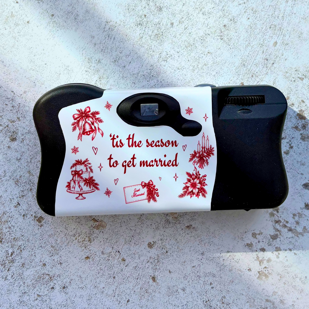 Back of red Christmas wedding camera wrap with personalised festive wording