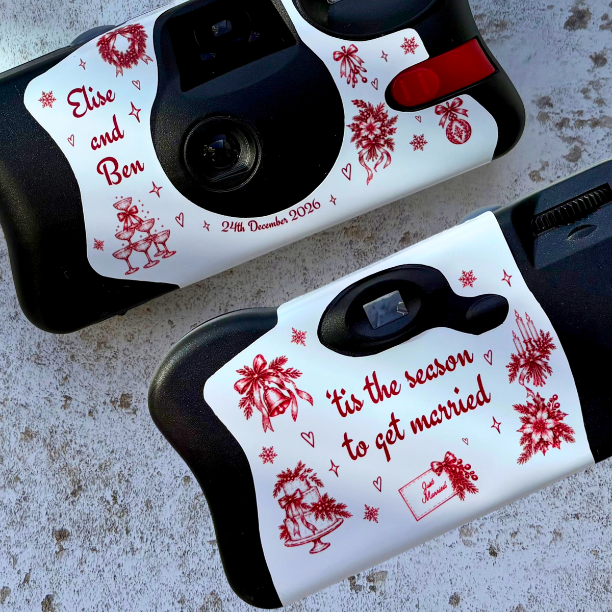 Front and back red Christmas wedding camera wraps