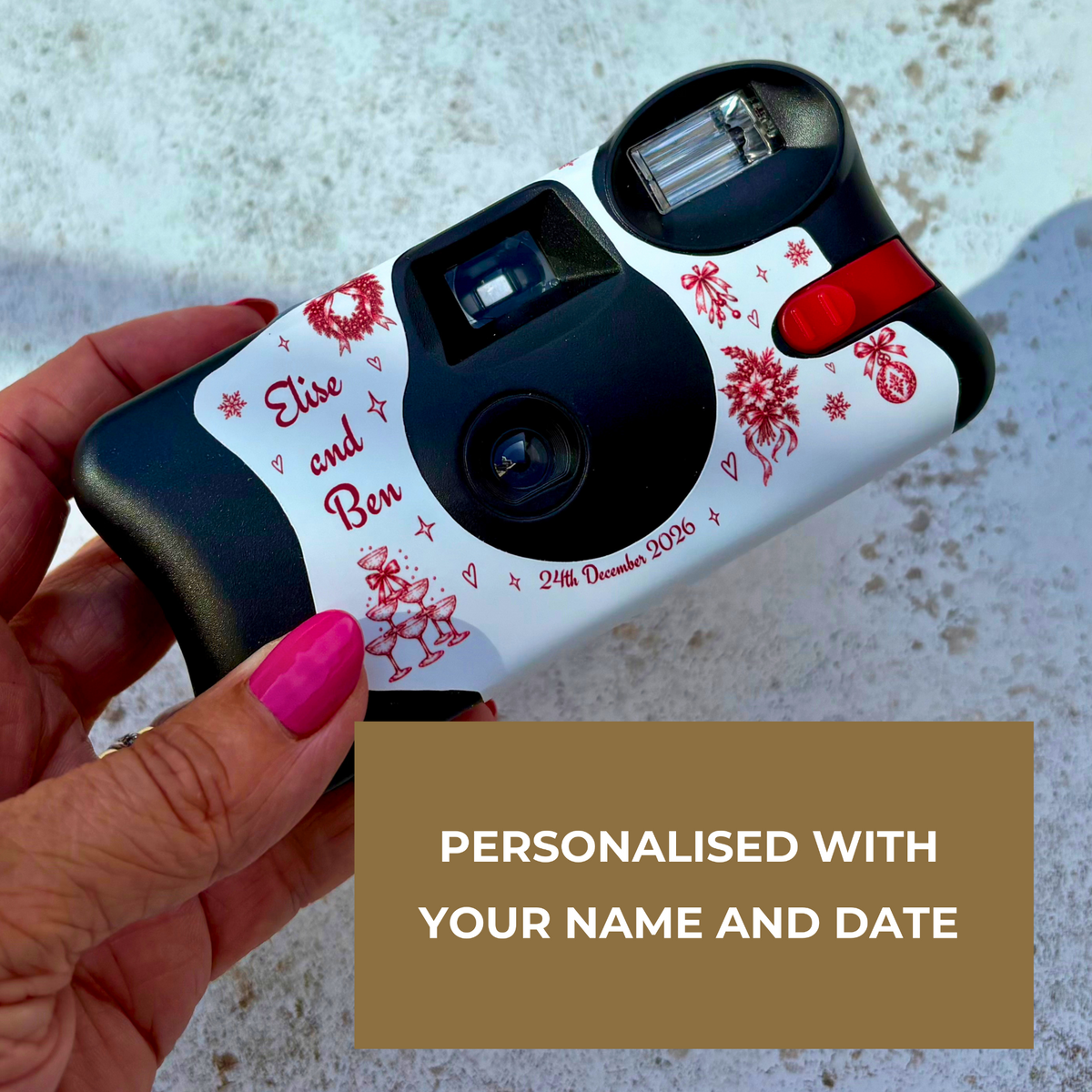 Red Christmas camera wrap personalised with couple names and celebration date