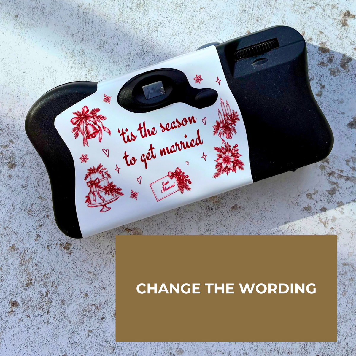 Custom wording on the back of red Christmas disposable camera wraps