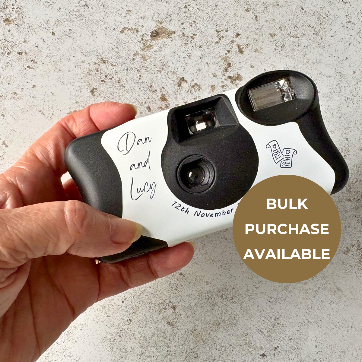 Personalised minimalist wedding camera wrap with an optional coordinating design on the back