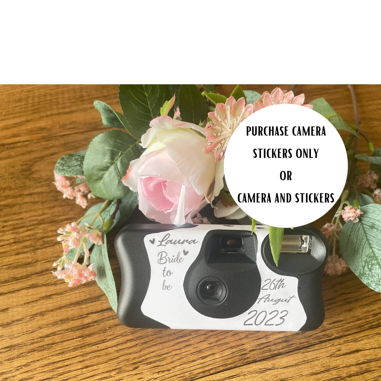 Personalised hen party or bachelorette stickers for Kodak FunSaver disposable cameras.  Stickers are white with black writing.  Purchase the stickers by themselves or purchase the camera to have a ready-to-go personalised option for your party.